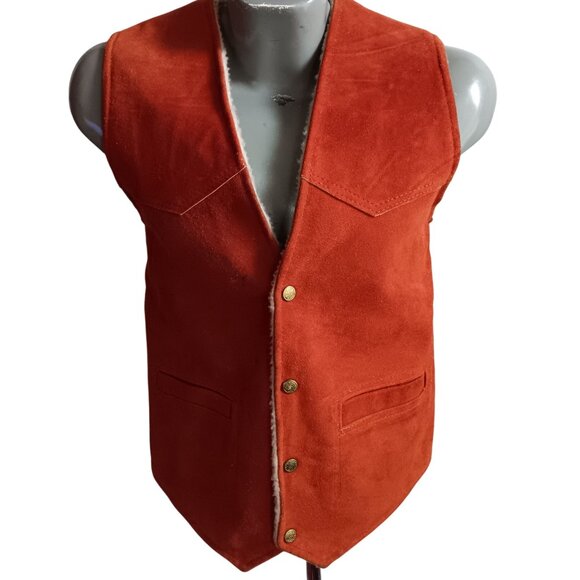 Men's Small Vintage Suede Leather Vest Shearling Lining Rust Orange Snap Mexico - Picture 1 of 8